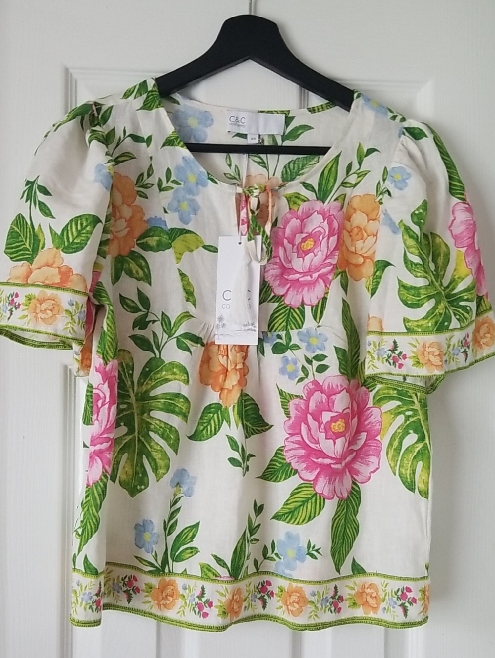 NEW! C&C California Floral Tie-Neck Blouse in Pink, Green & Orange